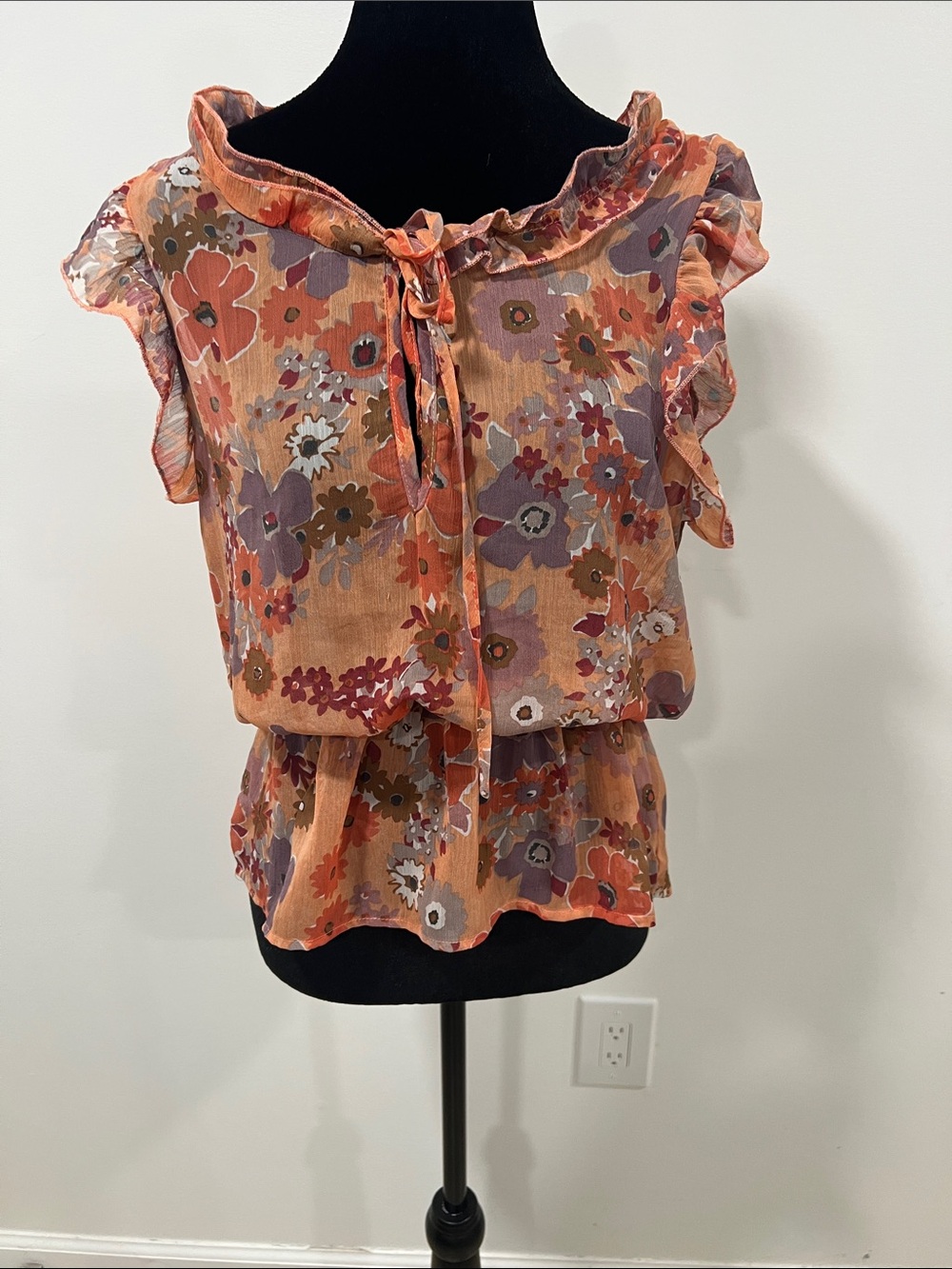 Pre-owned🧡Women’s Floral Ruffle Tie-Neck Top - Orange